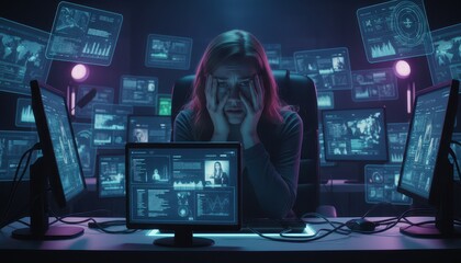 Stressed Professional Woman Overwhelmed by Information Overload and Multiple Digital Screens