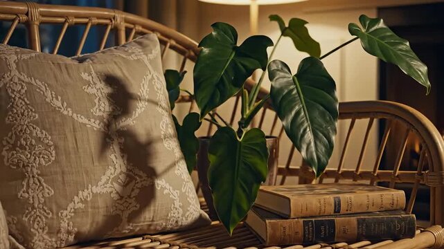 Cozy Interior With Rattan Furniture, Vintage Books And Lush Green Plant Still Life