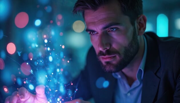 Man interacts with glowing digital network. Focused person examines abstract data visualization, future tech concept. Professional analyzes connection points. - Powered by Adobe