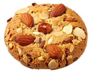 Close-up of a single, round baked treat, speckled with nuts and seeds, brown and textured