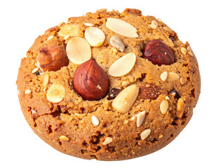 Close-up of a single, round cookie, studded with assorted nuts and seeds, isolated on black