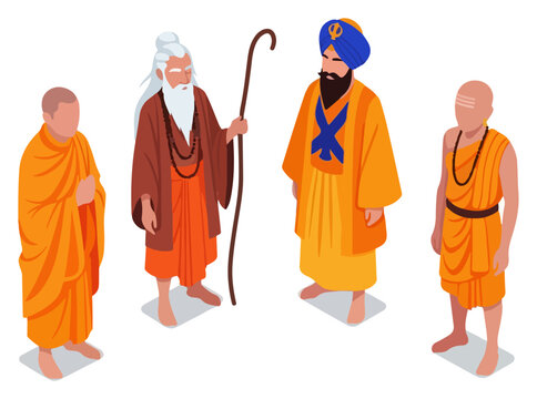 Four Monk Figures in Traditional Robes.