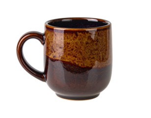 A close-up studio shot shows a ceramic coffee mug with a dark brown glaze