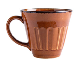 A close-up studio shot of a ceramic mug. The brown cup has a handle and is ribbed