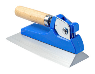 Close-up of a construction tool with a wooden handle, blue plastic, and a metal blade