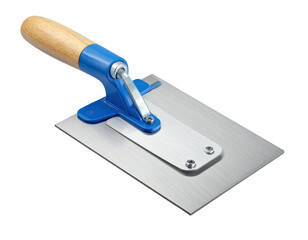 Metallic trowel with wooden handle. Blue bracket, silver plate, construction tool
