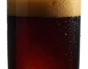Close-up of a glass filled with dark, frothy liquid. Condensation visible on the glass's exterior