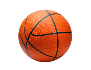 Isolated basketball, orange, with black lines, textured surface, against a dark, empty backdrop