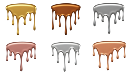 Abstract Dripping Metallic Paint Effects: Stunning Gold, Chrome, Rose Gold, and Bronze Illustrations transparent background