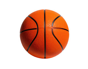 Vivid orange basketball, textured surface, black lines delineate sections, isolated on black background