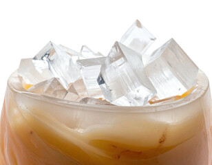 A close-up shot of a refreshing beverage with ice cubes, in a glass, with an opaque liquid