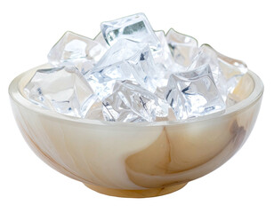 A close-up shot of a small, decorative bowl filled to the brim with clear ice cubes