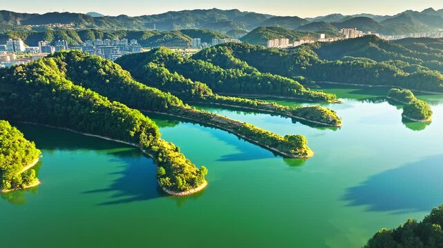 Aerial shot of the blue lake and green mountain with modern residential buildings in Hangzhou