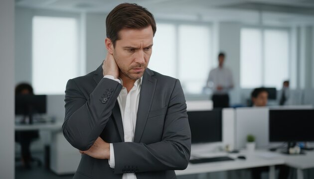 Stressed Businessman Suffering from Neck Pain and Fatigue in a Modern Corporate Office