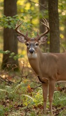 Majestic White-Tailed Deer Buck with Large Antlers in Golden Autumn Forest Sunlight