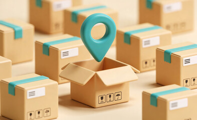Fototapeta premium Playful 3D shipping box with a location marker emerging from it, symbolizing package tracking, delivery destinations, logistics technology, and e-commerce services.