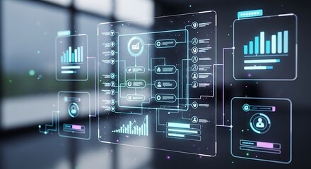 Futuristic business dashboard with glowing digital interface screens
