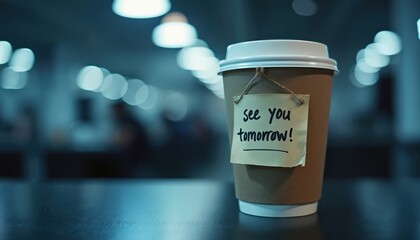 To go coffee cup with note saying see you tomorrow. Office lights bokeh background. Waiting for colleague, client or meeting. End of workday, leaving work.