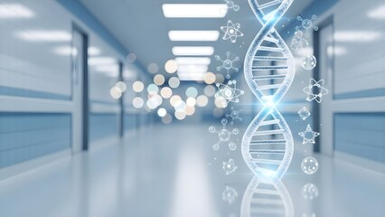 Semi-transparent DNA helix and molecular icons hovering in bright hospital corridor