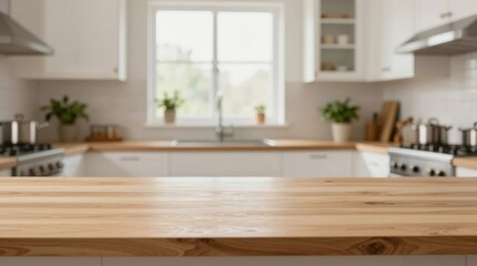 Bright kitchen with wooden countertop and plants near the window on a sunny day Generative AI