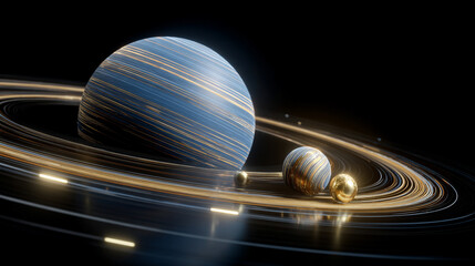 Astronomy graphic of a striped planet with orbiting moons, illustrating celestial motion, cosmic structure, and the beauty of space in a vivid and scientific visualization