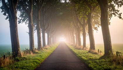 Trees lining a narrow road in the fog during early morning light with grass on both sides