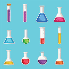 Vector illustration of various lab beakers flasks and test tubes with chemicals