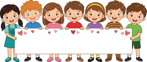 Happy cartoon children holding blank banner, cute kids illustration, friendship concept, education poster, childhood happiness, teamwork, colorful characters, white background