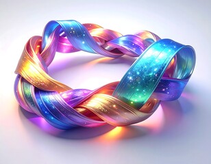 Braided, circular ribbons with iridescent colors and glowing stars, floating on a white surface