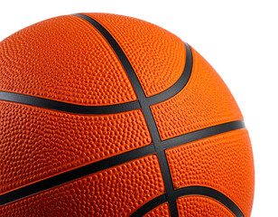 Close-up of a basketball's textured orange surface, showing panels and seams, isolated on black