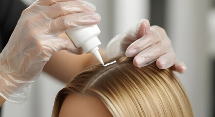 Hairdresser applying hair treatment or dye to woman's blonde hair roots