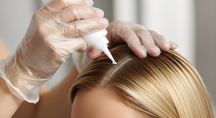 Close-up of gloved hand applying hair dye or treatment to blonde hair roots