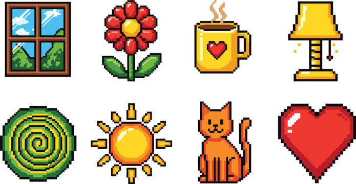 Cute Pixel Art Icon Set with Window Flower Coffee Cat Sun and Heart Vector