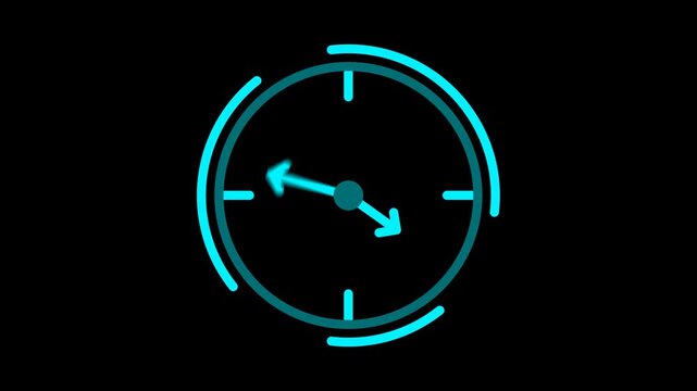 Blue Clock spinning animation day time. Footage Icon symbolizes hours, minutes, and time tracking. on black background.