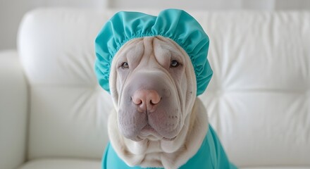 Cute Shar Pei Dog Wearing Turquoise Surgical Cap and Gown on White Couch
