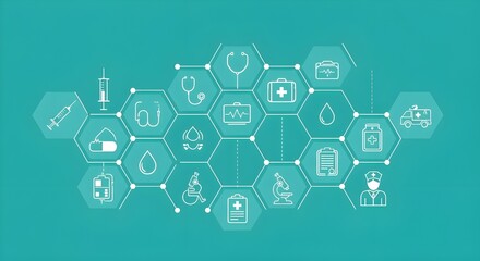 Modern Healthcare Medical Icons Set Vector Illustration on Teal Hexagonal Network Background