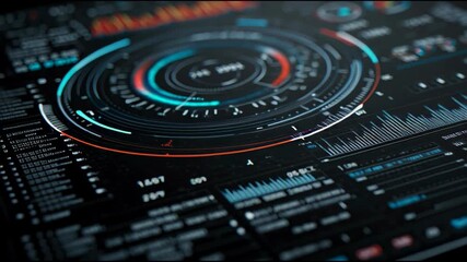 Futuristic HUD interface with abstract charts and data visualization in a sci-fi inspired environment from a close-up viewpoint - Powered by Adobe