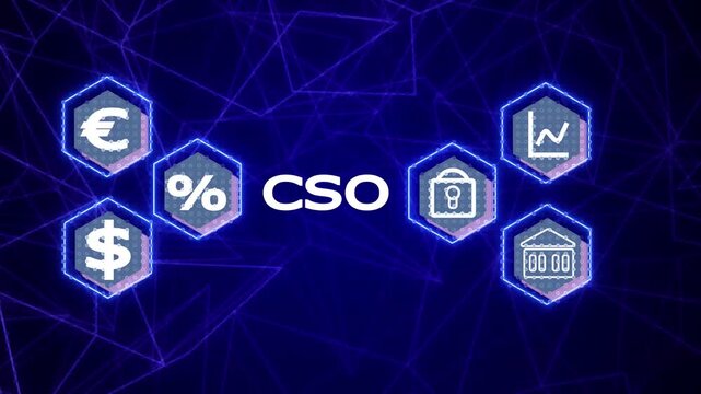 CSO acronym in center of hexagonal diagram with business icons. Chief Strategy Officer (CSO) Concept with Hexagonal Diagram and Business Icons