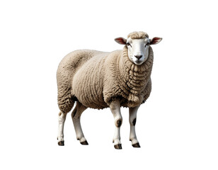 Obraz premium Fresh woolly sheep standing calmly with thick textured fleece and white face