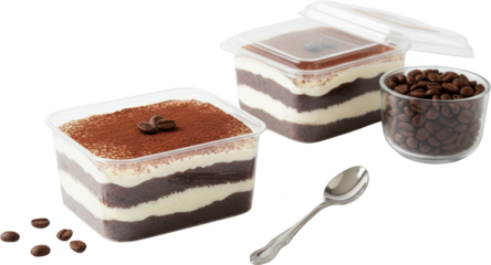 Two layers of chocolate tiramisu dessert in clear plastic containers with cocoa dusting and coffee beans next to a glass bowl of beans and a spoon Layered Cake