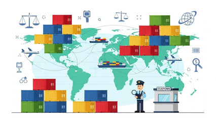 Global shipping and logistics concept with colorful cargo containers on world map and customs officer with transportation and freight and trade
