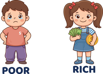 Poor and rich children comparison illustration, economic inequality concept, wealth gap, social class difference, childhood contrast, money education, fairness