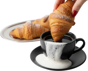A hand with red nail polish dips a powdered sugar croissant into a black cup of black coffee causing foam to overflow onto the saucer Dipping Overflowing