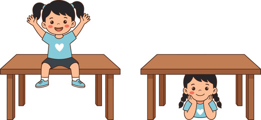 Prepositions for kids illustration showing on and under positions with child and table educational cartoon concept