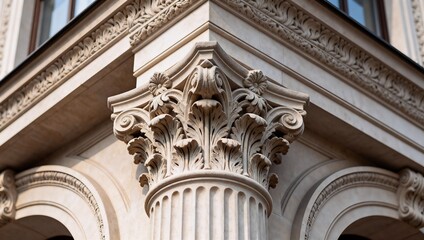 古典装飾と石彫の技巧を表現した装飾柱頭を捉えた建築ディテール写真