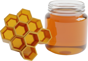 A golden honeycomb structure rests beside a clear glass jar filled with viscous amber colored honey isolated on black Sweet Nectar Container Food Natural