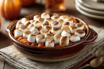 roasted sweet potato casserole with marshmallows in oven dish, classic american holiday recipe on rustic surface with warm tones, comfort food photography, concept of festive dining
