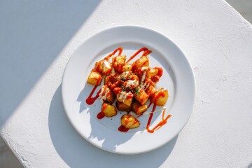 fried potato chunks drizzled with sauce on round plate, rustic potatoes prepared for lunch on clean white table, natural sunlight scene, concept of casual dining, street food, restaurant promotion