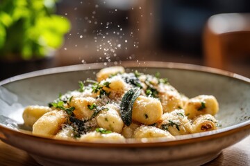 crispy potato gnocchi tossed with herbs and cheese in ceramic dish, traditional italian cuisine in warm indoor setting, evening dining mood, concept of restaurant branding