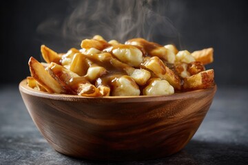 traditional poutine made of fries cheese curds and gravy served hot in wooden bowl, indulgent comfort food scene with steam and moody light, concept of food advertising, restaurant branding